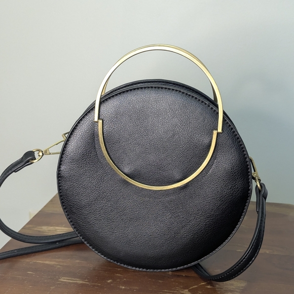 Anthropologie black and brass pebbled faux leather round evening purse - Picture 3 of 7